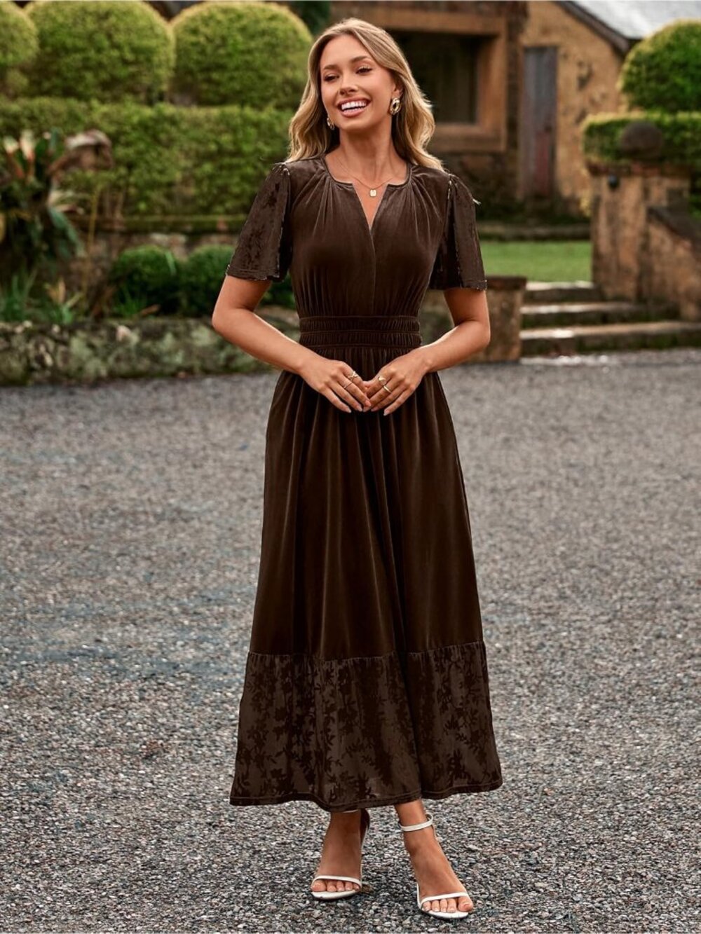 🆕 Women's Brown Short Sleeve V Neck Formal Velvet Empire Waist Maxi Dress - Picture 6 of 6